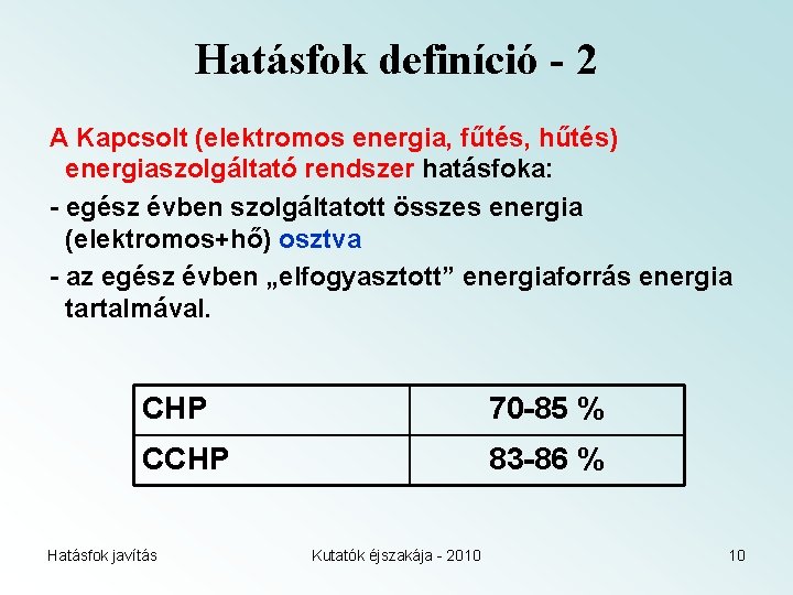 Hatásfok definíció - 2 A Kapcsolt (elektromos energia, fűtés, hűtés) energiaszolgáltató rendszer hatásfoka: -