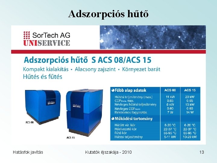 Adszorpciós hűtő Hatásfok javítás Kutatók éjszakája - 2010 13 