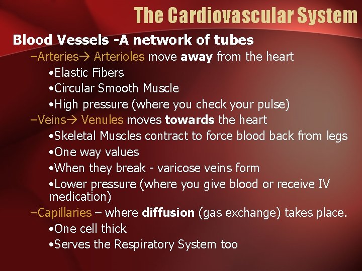 The Cardiovascular System Blood Vessels -A network of tubes –Arteries Arterioles move away from
