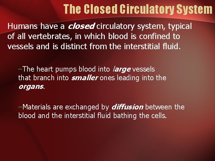 The Closed Circulatory System Humans have a closed circulatory system, typical of all vertebrates,