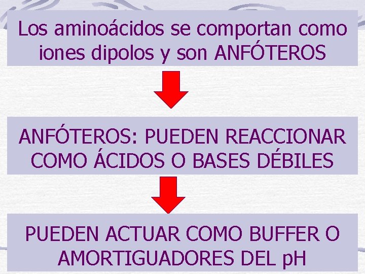 Los aminoácidos se comportan como iones dipolos y son ANFÓTEROS: PUEDEN REACCIONAR COMO ÁCIDOS