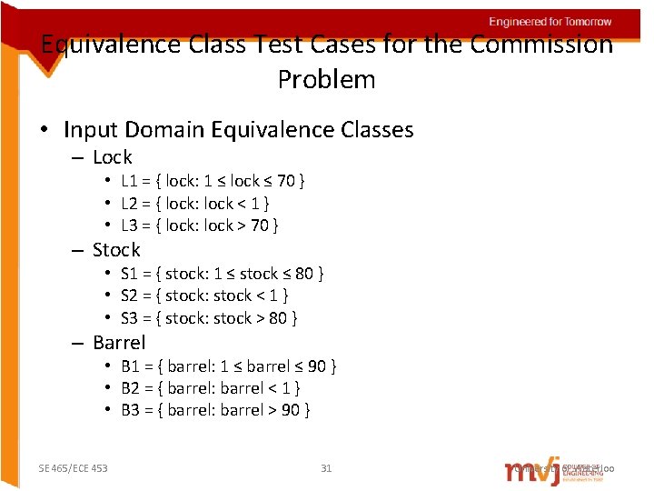 Equivalence Class Test Cases for the Commission Problem • Input Domain Equivalence Classes – Equivalence Class Test Cases for the Commission Problem • Input Domain Equivalence Classes –