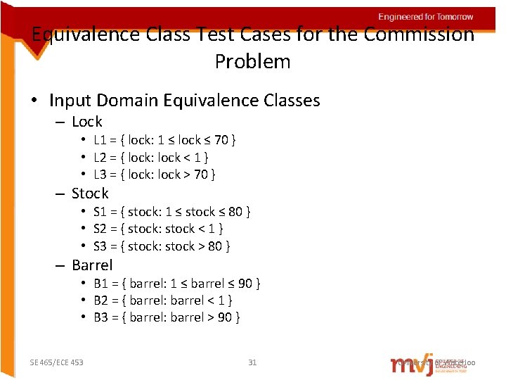 Equivalence Class Test Cases for the Commission Problem • Input Domain Equivalence Classes –