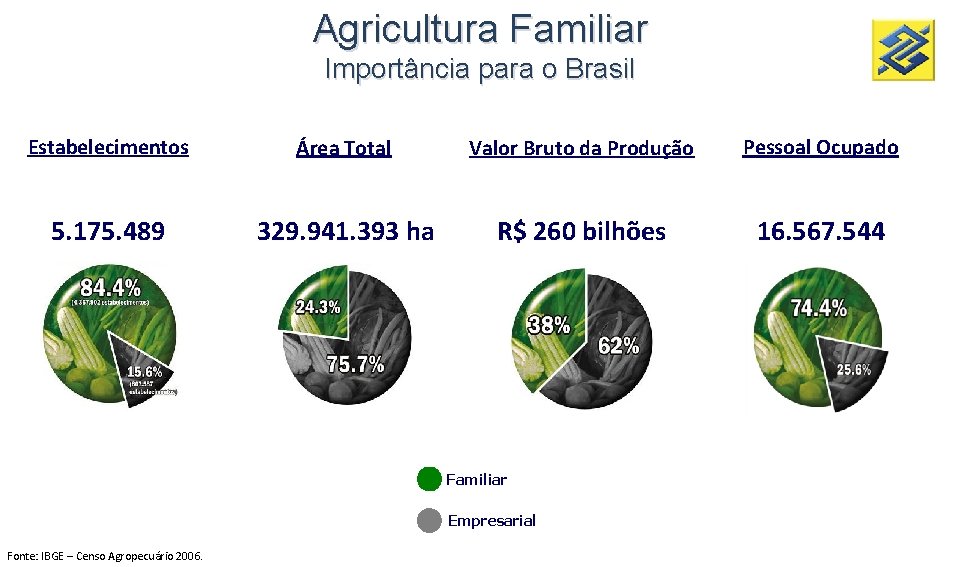 Agricultura Familiar Importância para o Brasil Estabelecimentos Área Total Valor Bruto da Produção Pessoal