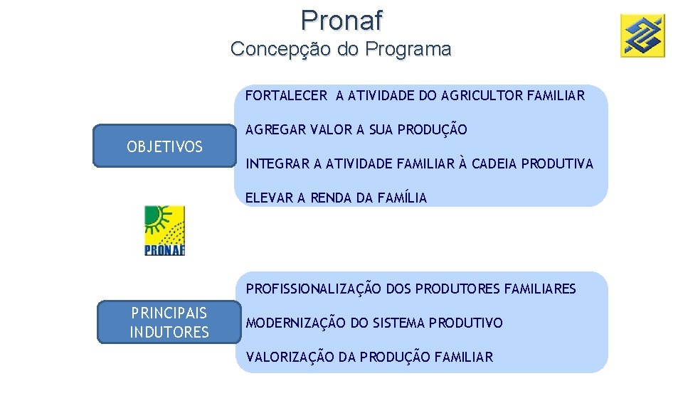 Pronaf Concepção do Programa FORTALECER A ATIVIDADE DO AGRICULTOR FAMILIAR OBJETIVOS AGREGAR VALOR A