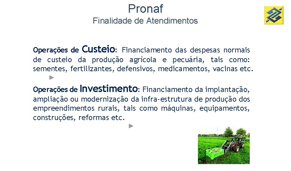 Pronaf Finalidade de Atendimentos Operações de Custeio: Financiamento das despesas normais de custeio da