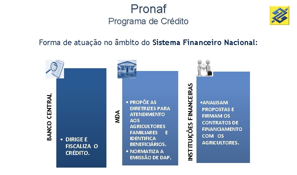 Pronaf Programa de Crédito • DIRIGE E FISCALIZA O CRÉDITO. • PROPÕE AS DIRETRIZES