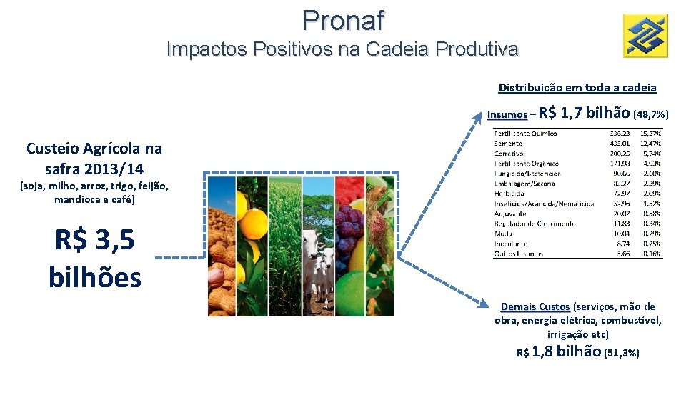 Pronaf Impactos Positivos na Cadeia Produtiva Distribuição em toda a cadeia Insumos – R$