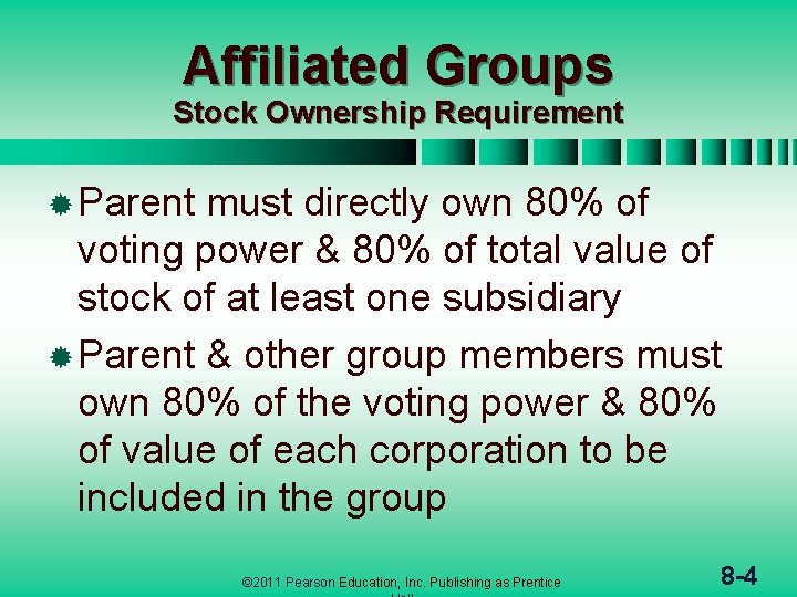 Affiliated Groups Stock Ownership Requirement ® Parent must directly own 80% of voting power