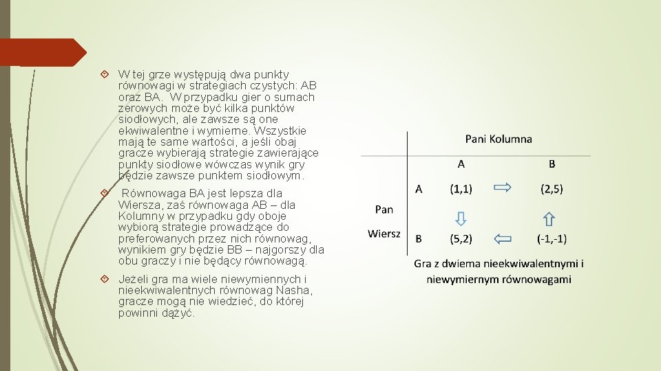  W tej grze występują dwa punkty równowagi w strategiach czystych: AB oraz BA.