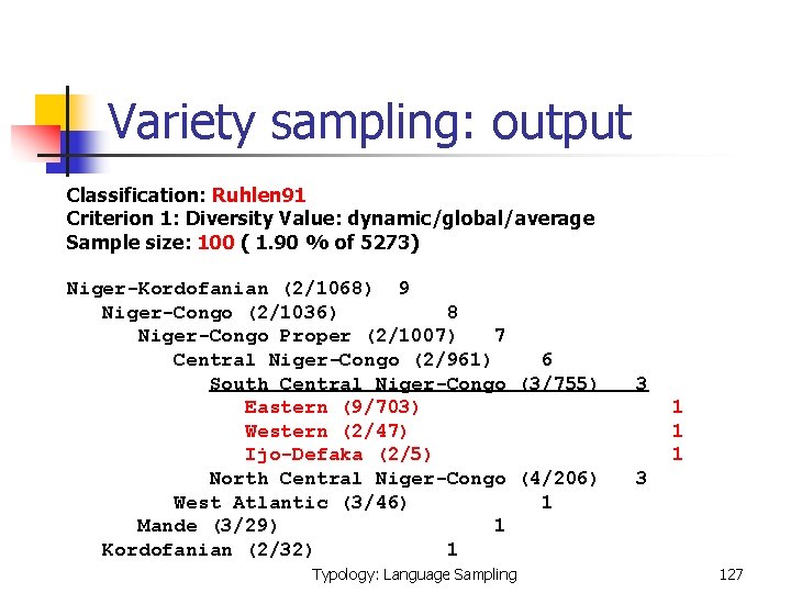  Variety sampling: output Classification: Ruhlen 91 Criterion 1: Diversity Value: dynamic/global/average Sample size: