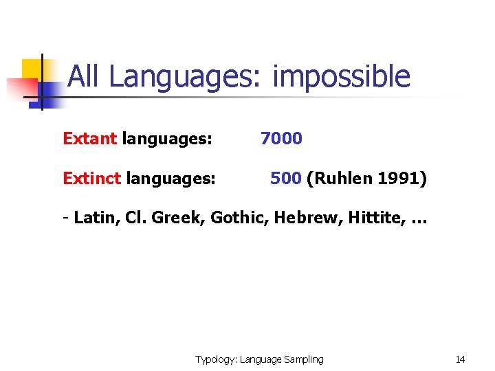 All Languages: impossible Extant languages: Extinct languages: 7000 500 (Ruhlen 1991) - Latin, Cl.