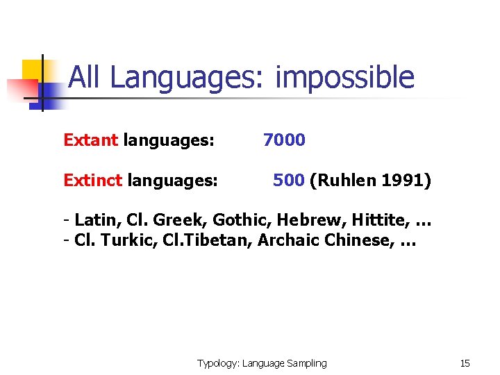 All Languages: impossible Extant languages: Extinct languages: 7000 500 (Ruhlen 1991) - Latin, Cl.