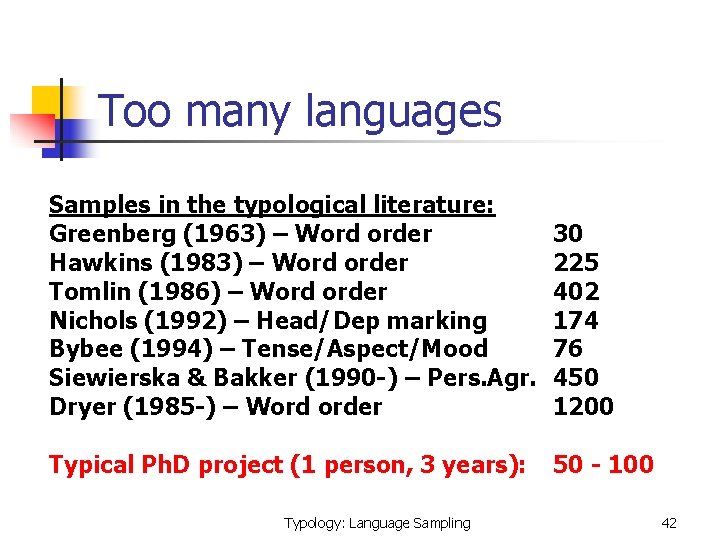 Too many languages Samples in the typological literature: Greenberg (1963) – Word order Hawkins