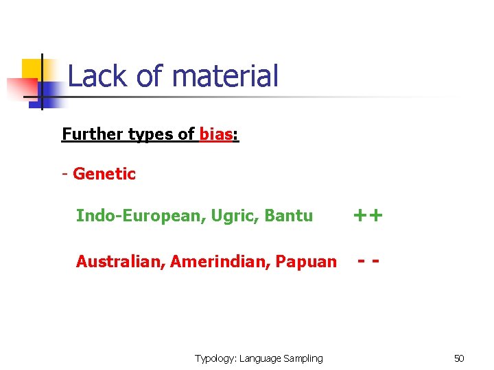 Lack of material Further types of bias: - Genetic Indo-European, Ugric, Bantu Australian, Amerindian,