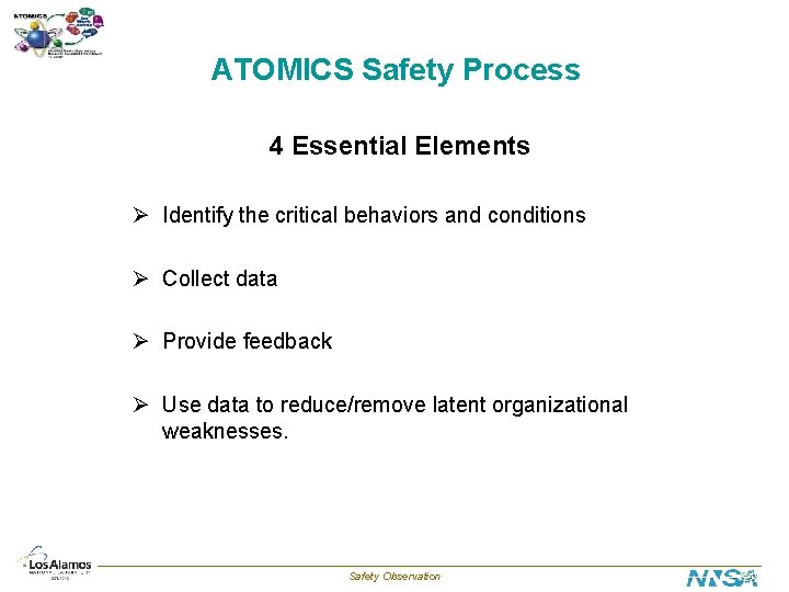ATOMICS Safety Process 4 Essential Elements Ø Identify the critical behaviors and conditions Ø