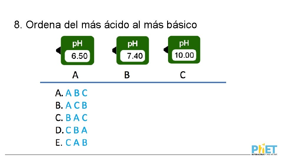 8. Ordena del más ácido al más básico 