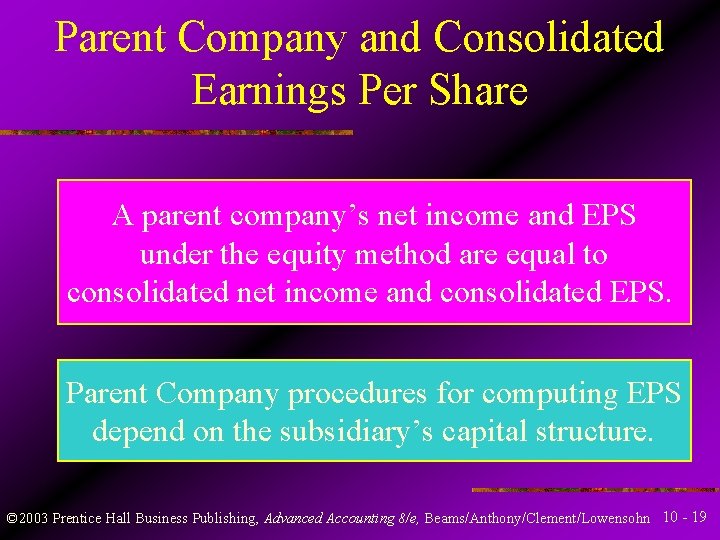 Parent Company and Consolidated Earnings Per Share A parent company’s net income and EPS