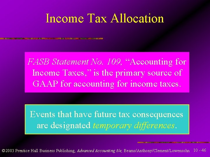 Income Tax Allocation FASB Statement No. 109, “Accounting for Income Taxes, ” is the