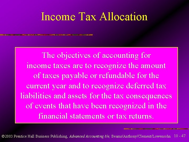 Income Tax Allocation The objectives of accounting for income taxes are to recognize the
