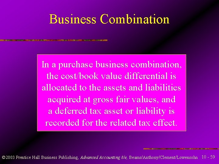 Business Combination In a purchase business combination, the cost/book value differential is allocated to