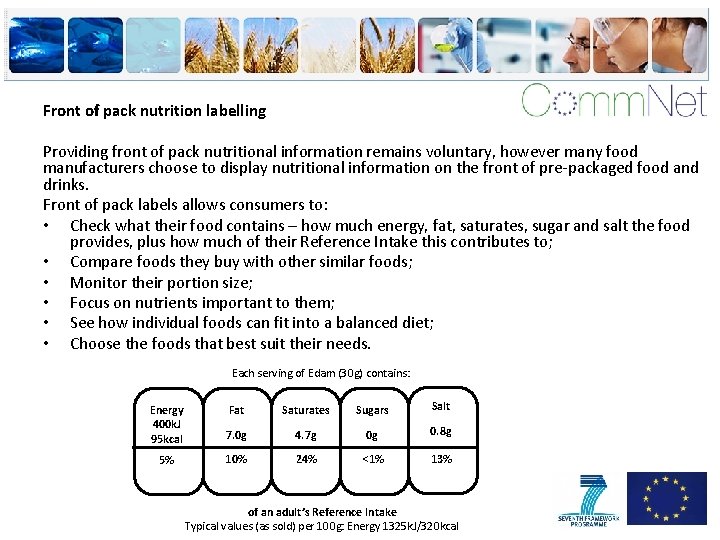 Front of pack nutrition labelling Providing front of pack nutritional information remains voluntary, however