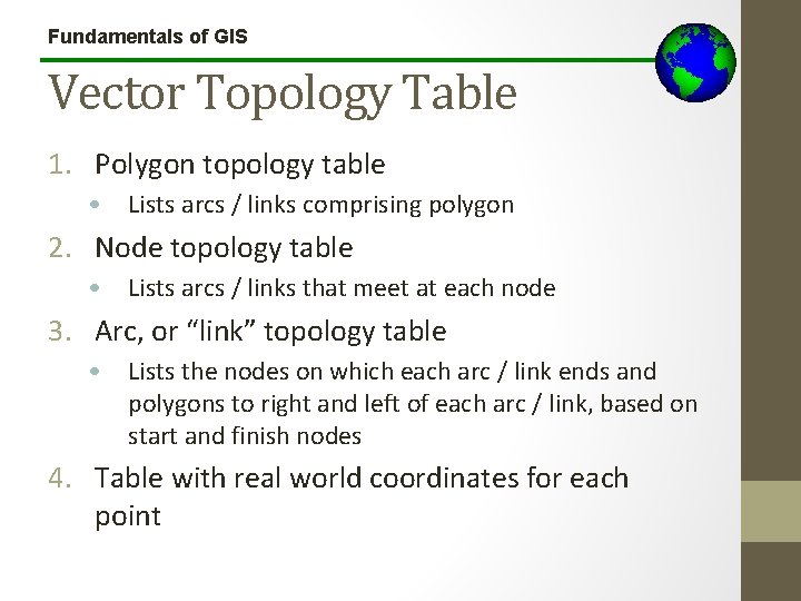 Fundamentals of GIS Vector Topology Table 1. Polygon topology table • Lists arcs /