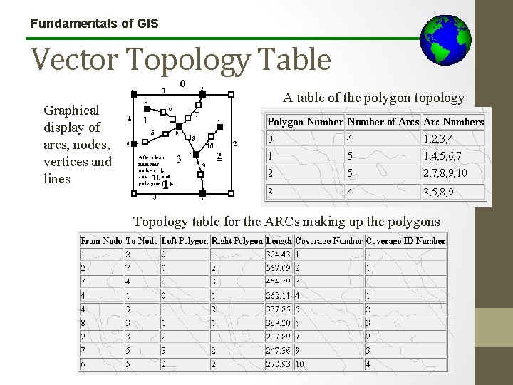 Fundamentals of GIS Vector Topology Table Graphical display of arcs, nodes, vertices and lines