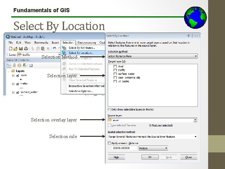 Fundamentals of GIS Select By Location Selection Method Selection layer Selection overlay layer Selection