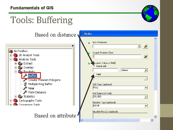 Fundamentals of GIS Tools: Buffering Based on distance Based on attribute 