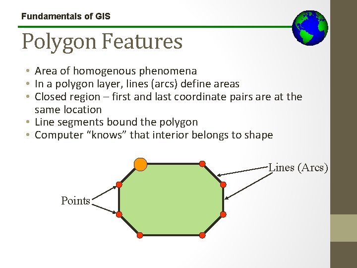 Fundamentals of GIS Polygon Features • Area of homogenous phenomena • In a polygon