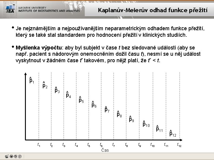 Kaplanův-Meierův odhad funkce přežití • Je nejznámějším a nejpoužívanějším neparametrickým odhadem funkce přežití, který