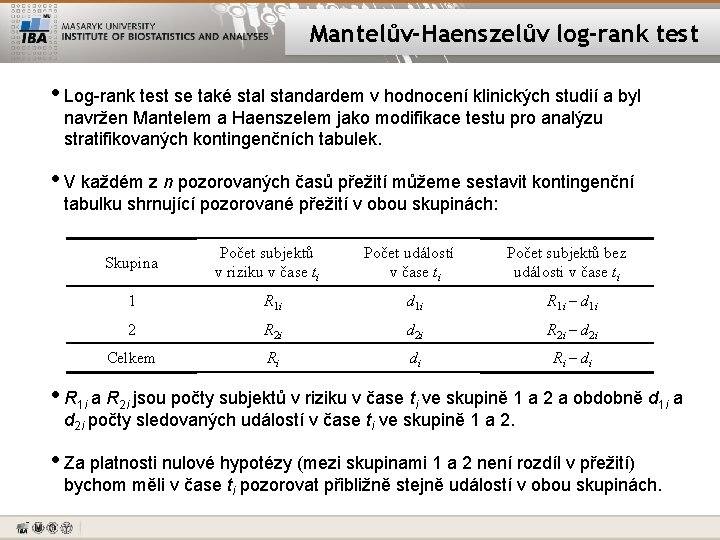 Mantelův-Haenszelův log-rank test • Log-rank test se také stal standardem v hodnocení klinických studií