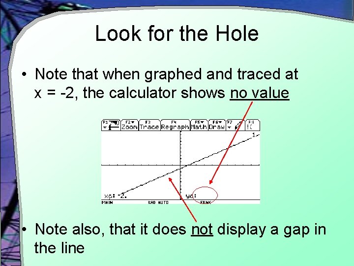 Look for the Hole • Note that when graphed and traced at x =