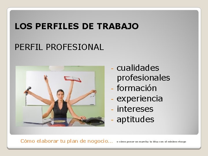 LOS PERFILES DE TRABAJO PERFIL PROFESIONAL Cómo elaborar tu plan de nogocio… cualidades profesionales