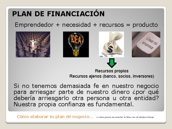 PLAN DE FINANCIACIÓN Emprendedor + necesidad + recursos = producto Recursos propios Recursos ajenos