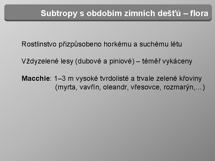 Subtropy s obdobím zimních dešťů – flora Rostlinstvo přizpůsobeno horkému a suchému létu Vždyzelené