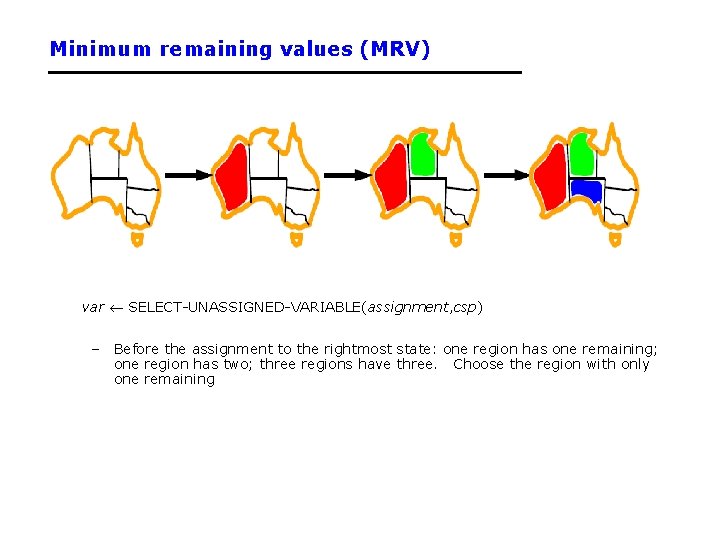 Minimum remaining values (MRV) var SELECT-UNASSIGNED-VARIABLE(assignment, csp) – Before the assignment to the rightmost Minimum remaining values (MRV) var SELECT-UNASSIGNED-VARIABLE(assignment, csp) – Before the assignment to the rightmost