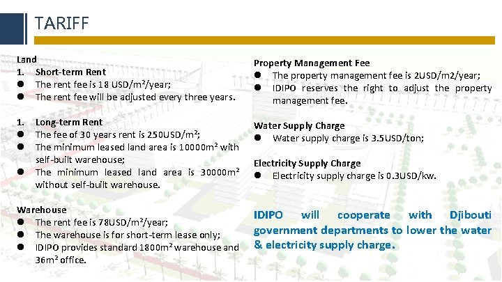 TARIFF Land 1. Short-term Rent The rent fee is 18 USD/m 2/year; The rent