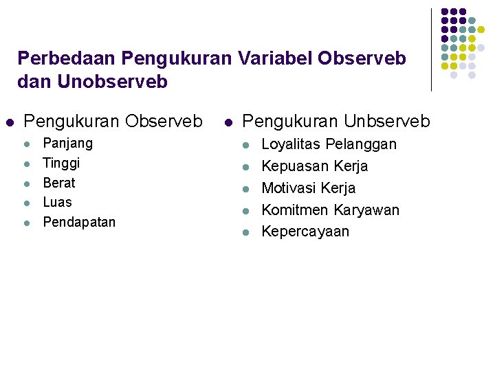 Perbedaan Pengukuran Variabel Observeb dan Unobserveb l Pengukuran Observeb l l l Panjang Tinggi