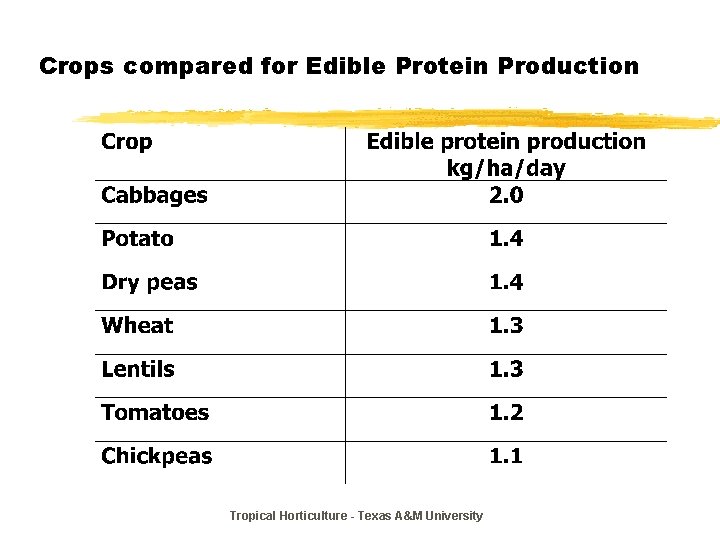 Crops compared for Edible Protein Production Tropical Horticulture - Texas A&M University 