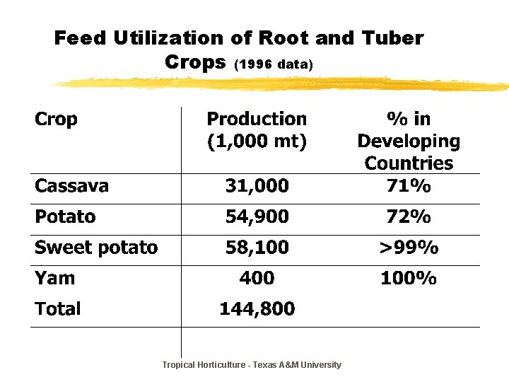 Feed Utilization of Root and Tuber Crops (1996 data) Tropical Horticulture - Texas A&M