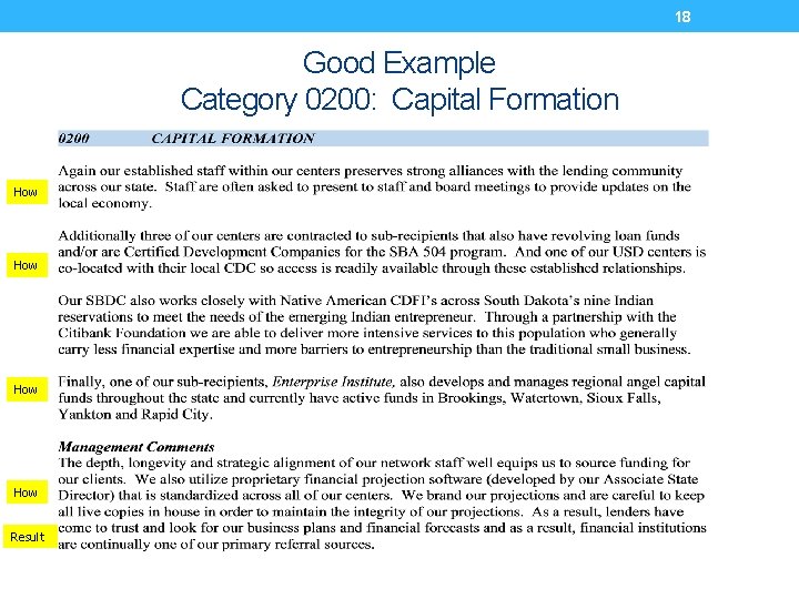 18 Good Example Category 0200: Capital Formation How How Result 