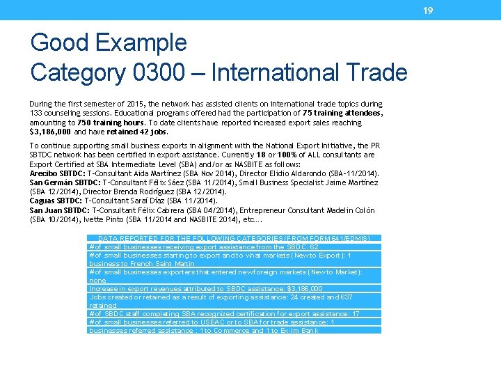 19 Good Example Category 0300 – International Trade During the first semester of 2015,