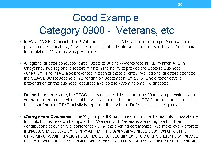 20 Good Example Category 0900 - Veterans, etc • In FY 2015 SBDC assisted