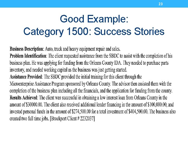 23 Good Example: Category 1500: Success Stories 
