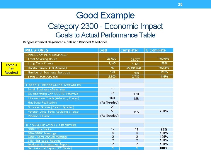 25 Good Example Category 2300 - Economic Impact Goals to Actual Performance Table Progress