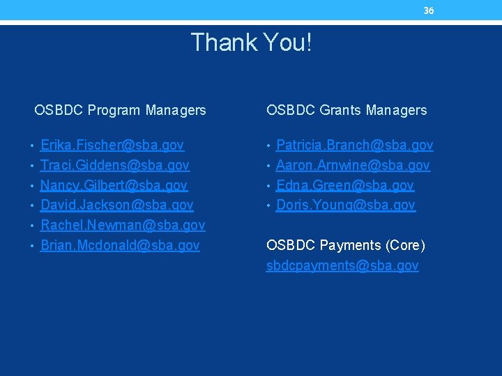 36 Thank You! OSBDC Program Managers OSBDC Grants Managers • Erika. Fischer@sba. gov •