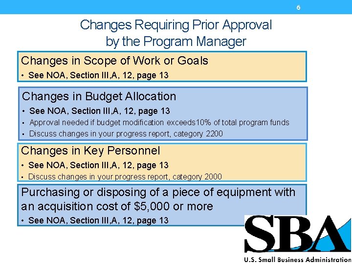 6 Changes Requiring Prior Approval by the Program Manager Changes in Scope of Work