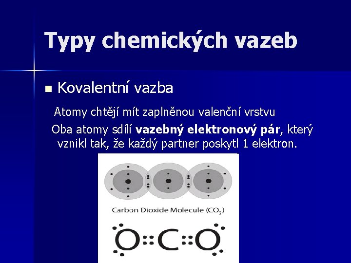 Typy chemických vazeb n Kovalentní vazba Atomy chtějí mít zaplněnou valenční vrstvu Oba atomy